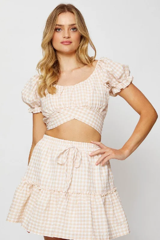Check Crop Top Short Sleeve Polka Dot Checkered Tartan