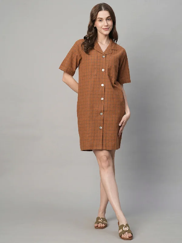 Women's Rust Cotton Linen Regular Fit Dress Tunics Bestseller popular