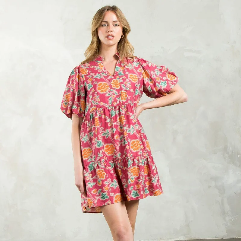 Puff Sleeve Flower Print Dress - Dusty Rose Tunics Office stylish