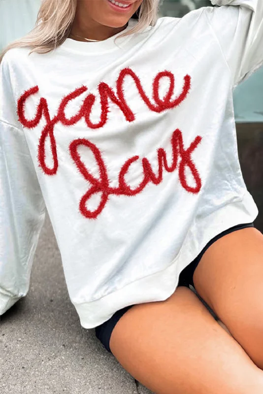 White Plus Size Game Day Tinsel Rugby Football Season Sweatshirt Hoodie with Tied Waist Feminine Flattering