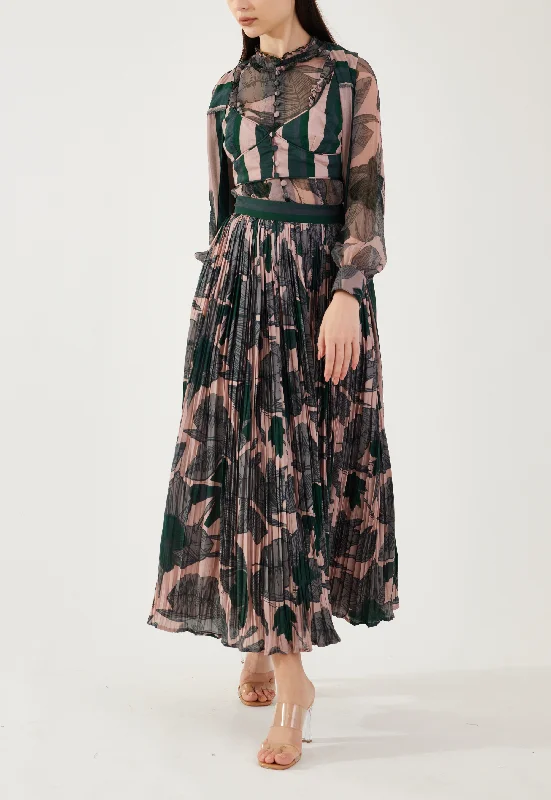 Peach, grey and green floral crinkled skirt lace skirt feminine