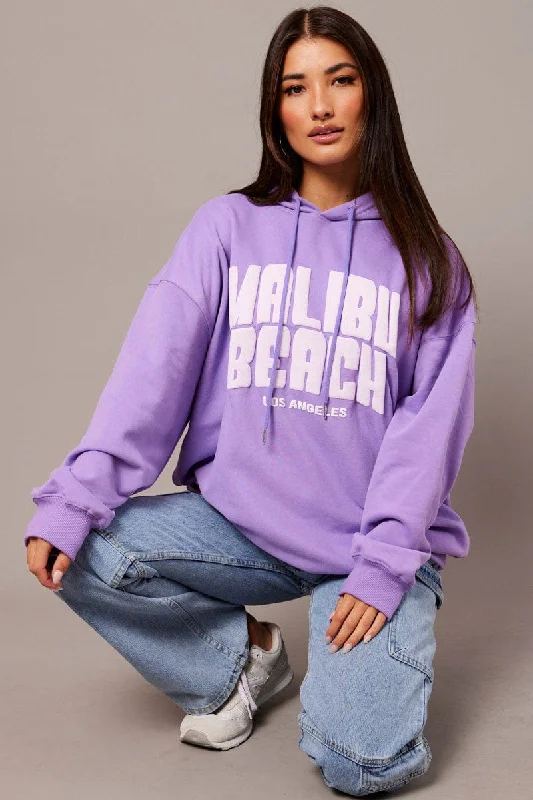 Purple Graphic Hoodie Sweater Long Sleeve Lace Blend Ribbed Blend Corduroy Blend
