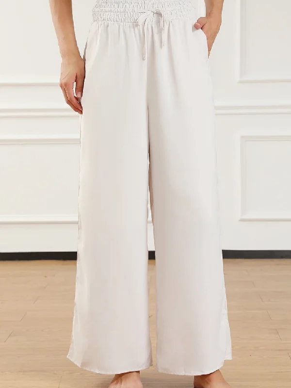 Beige High Waist Smocked Wide Leg Trousers Trousers Cargo pockets