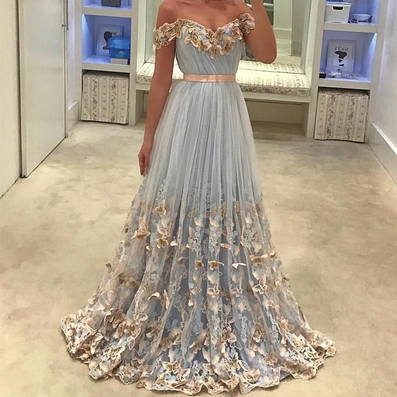 Light Blue Tulle Off The Shoulder Evening Gowns Lace Embroidery Prom Dresses Tunics Stylish modern