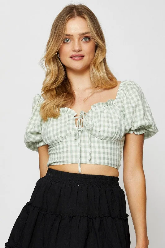 Check Crop Top Short Sleeve Tie Up Hooded Caped Shawl Collar