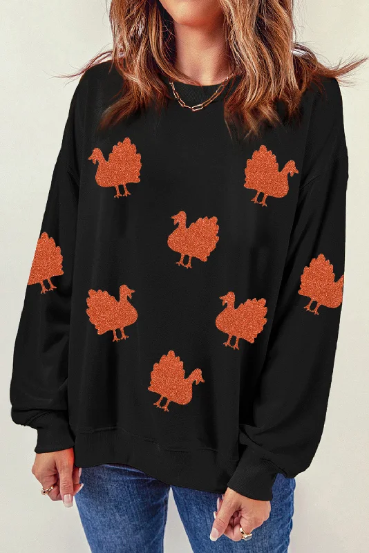 Black Glittering Turkey Graphic Drop Shoulder Thanksgiving Sweatshirt Hooded Sweatshirt Casual Wear Street Style