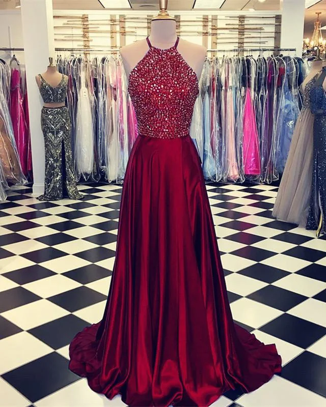 Luxurious Crystal Halter Prom Dresses Long Satin Leg Split Evening Gowns Tunics Satin smooth