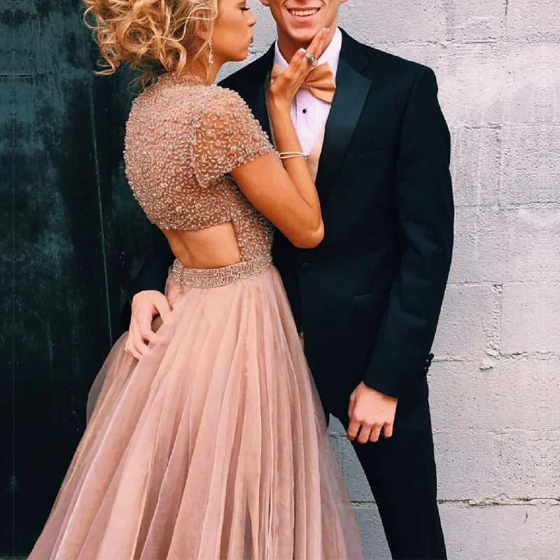 Stunning Beaded Cap Sleeves Open Back Champagne Prom Dresses 2017 Tunics Evening elegant