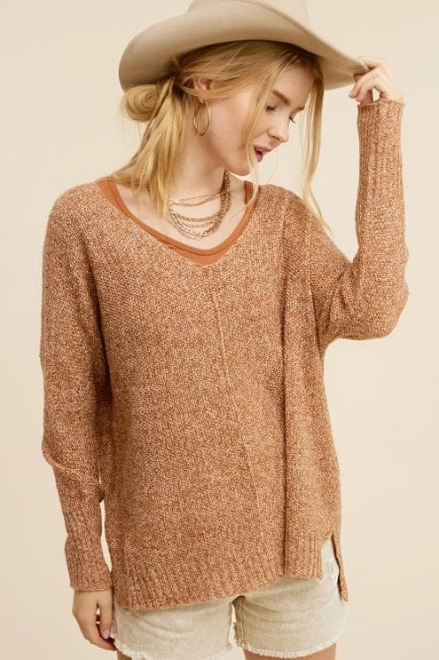 La Miel Lightweight Loose Fit V-Neck Sweater in Toffee Mesh Blend Leather Blend Suede Blend