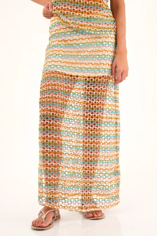 Women's Multicolor Open-Weave Long Skirt belted skirt waist