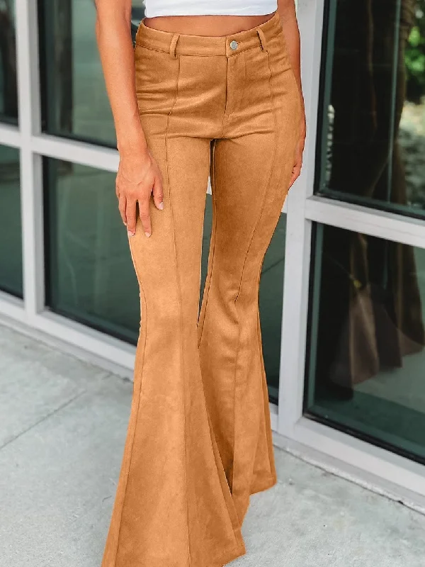 Rust Exposed Stitch Flare Suede Trousers with Pockets Trousers Polka Dot Cute