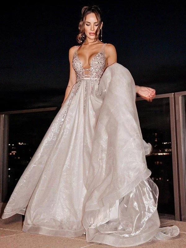 A-Line/Princess Tulle V-neck Sleeveless Beading Sweep/Brush Train Dresses Tunics Luxurious premium