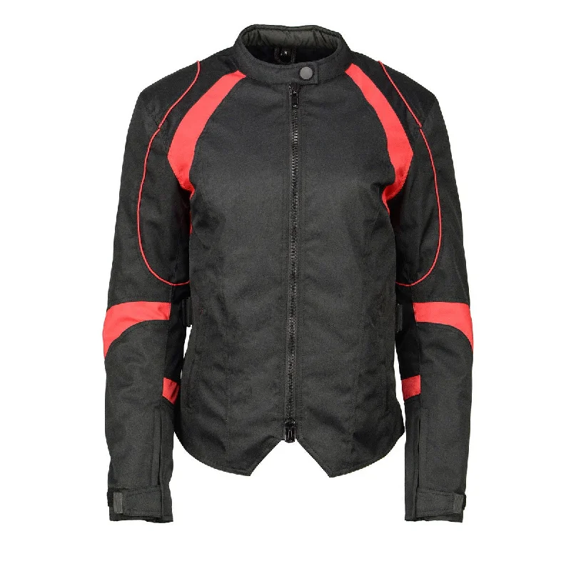 M Boss Motorcycle Apparel BOS22706 Women's Black and Red Motorcycle Biker Nylon Racer Jacket with Armor Protection Faux Fur Jacket Real Fur Jacket Shearling Jacket