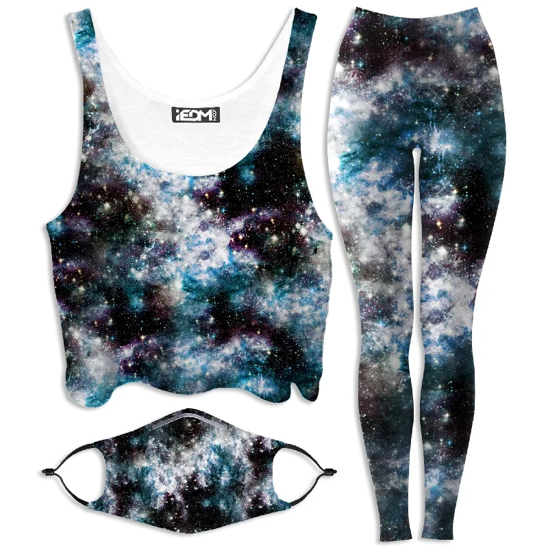 Party God Galaxy Crop Top and Leggings with PM 2.5 Face Mask Combo Hooded Caped Shawl Collar