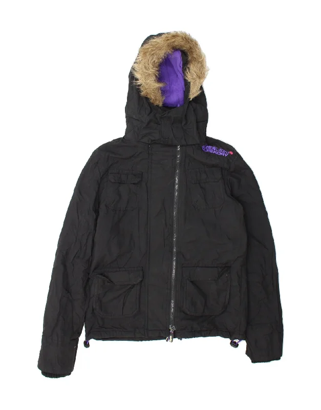 SUPERDRY Womens Windcheater Hooded Windbreaker Jacket UK 10 Small Black Denim Fabric Leather Fabric Suede Fabric SUPERDRY Womens Windcheater Hooded Windbreaker Jacket UK 10 Small Black Denim Fabric Leather Fabric Suede Fabric