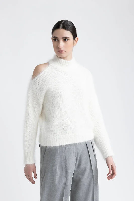 Angora wool sweater with cut out shoulder Solid Print Embellished