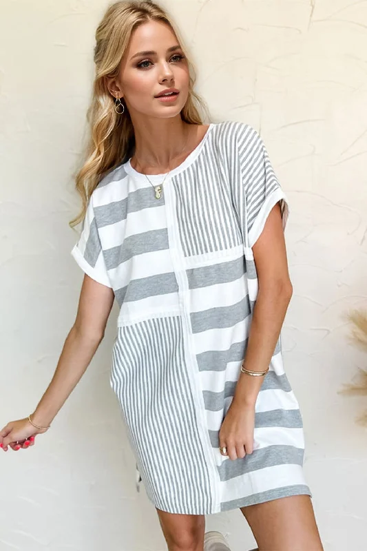 Oh Striped Round Neck Short Sleeve Mini Tee Dress A-Line Day Work