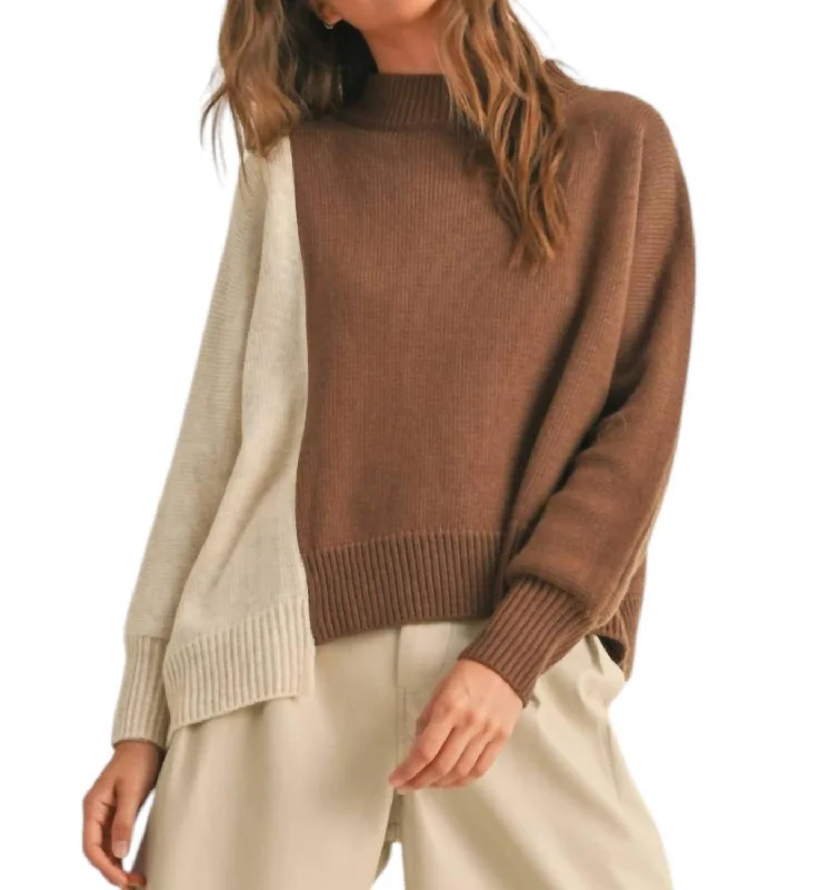 Color Block Long Sleeve Sweater Top In Oatmeal/brown Oversized Loose Flowy