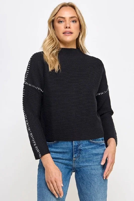 Ellison Contrast Stitch Mock Neck Sweater in Black Solid Color Striped Floral Print