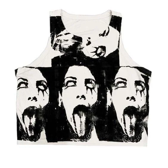 Glam Rock Faces Print Crop Top Hooded Caped Shawl Collar