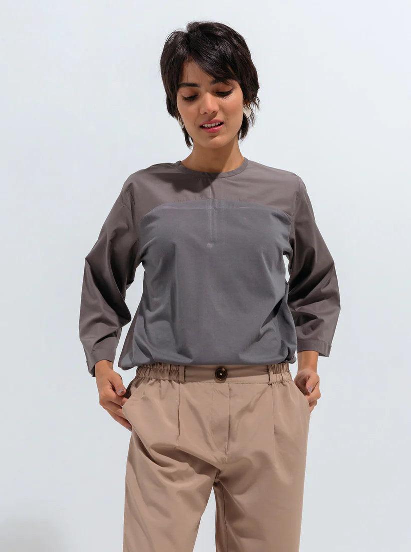 GRAY JERSEY YOKE TOP High Neck Jersey Shirt