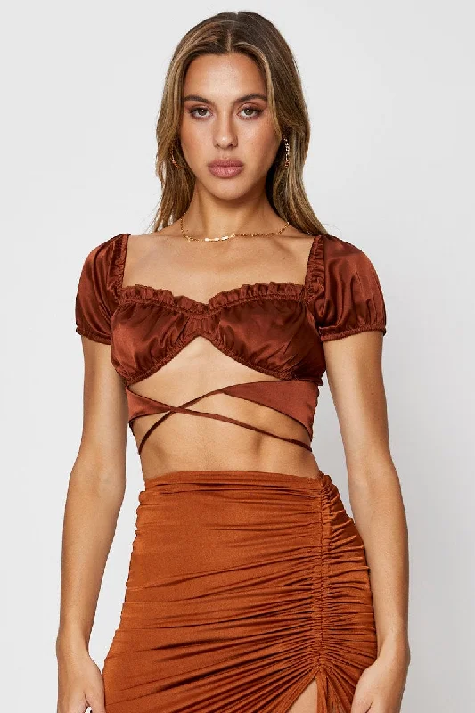Brown Crop Top Short Sleeve Tie Up Chenille Brocade Lace
