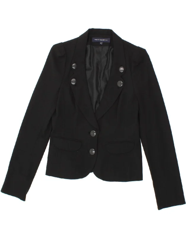 FRENCH CONNECTION Womens 2 Button Blazer Jacket UK 10 Small Black Ribbed Jacket Pleated Jacket Ruffled Jacket