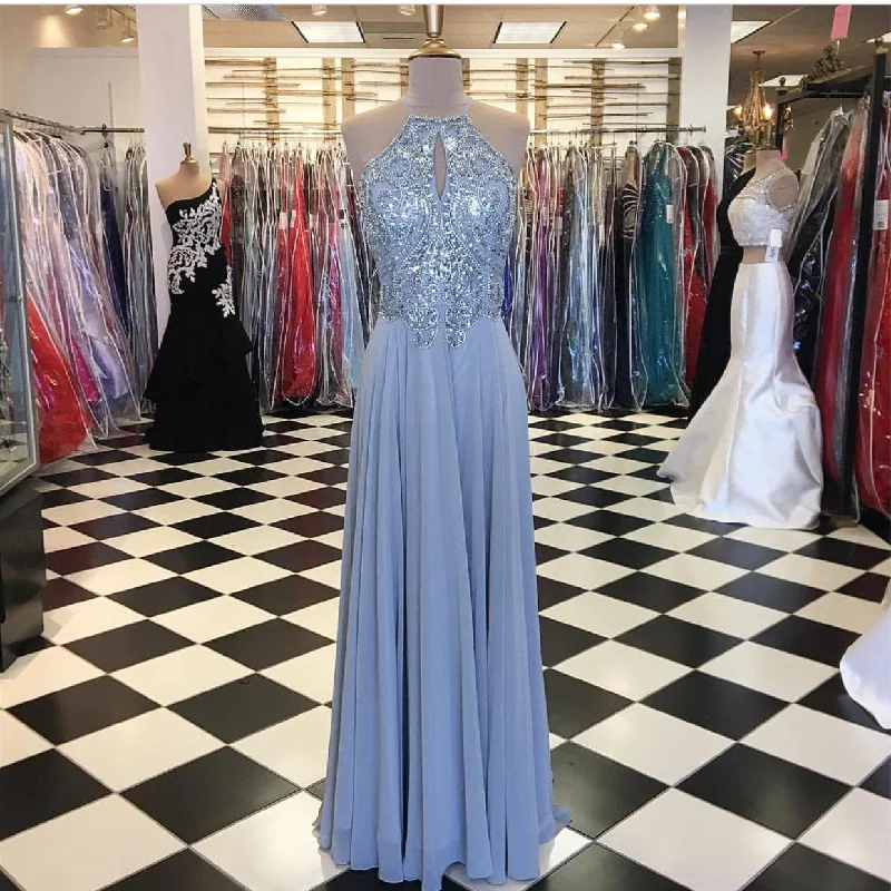 Long Silver Chiffon Prom Dresses Halter Evening Gowns 2017 New Arrival sweetheart Neckline Romantic