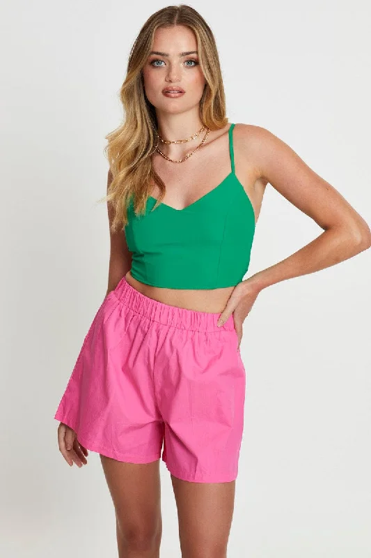 Green Crop Top Sleeveless V-Neck Print Jacquard Patchwork