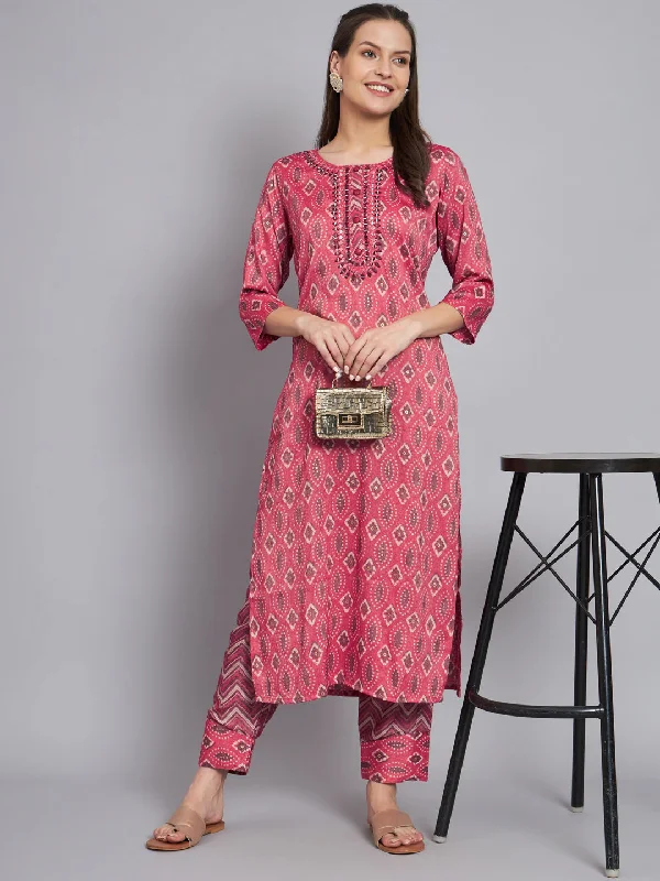 Women's Pink Handwork Kurta With Trouser - Mesmora Fashion Trousers Brand Named