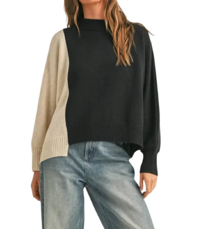 Color Block Long Sleeve Sweater Top In Oatmeal/black Transparent Opaque Sheer