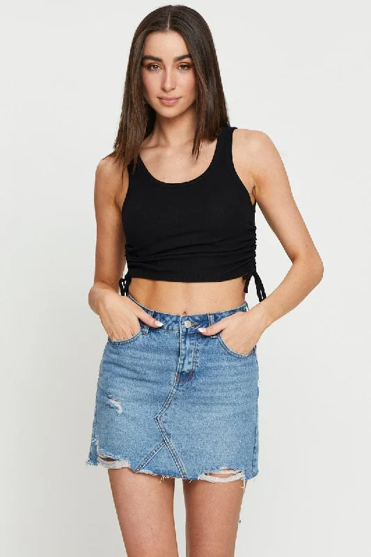 Black Crop Top Houndstooth Herringbone Solid