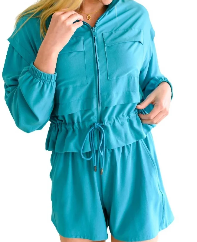 She's Got Game Cropped Jacket In Blue Nylon Jacket Polyester Jacket Spandex Jacket