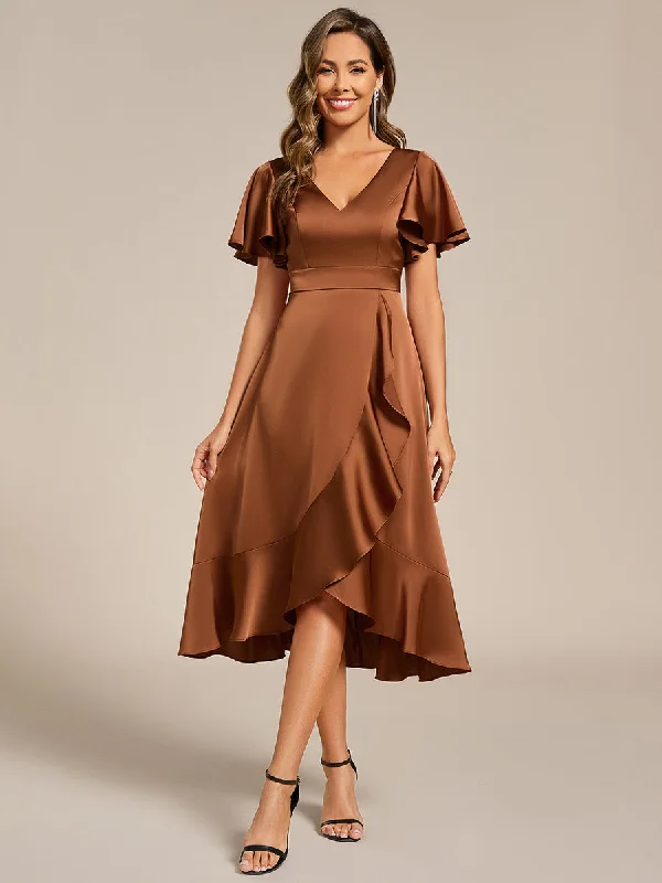 V-Neck Satin Midi Wedding Guest Dress with Ruffled Skirt Elegant Long Evening