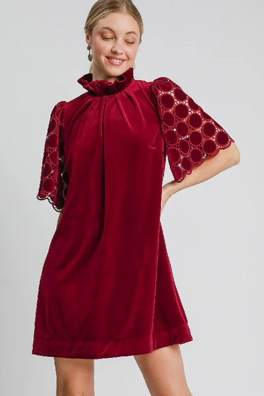 Umgee Dotted Lace Half Sleeve Mock Neck Back Tie Velvet Dress in Burgundy Square Neckline Feminine