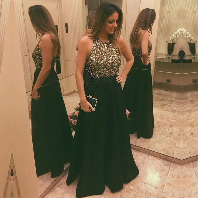 Stunning Sequins Beaded Halter Satin Prom Dresses Long Evening Gowns Tunics Formal black
