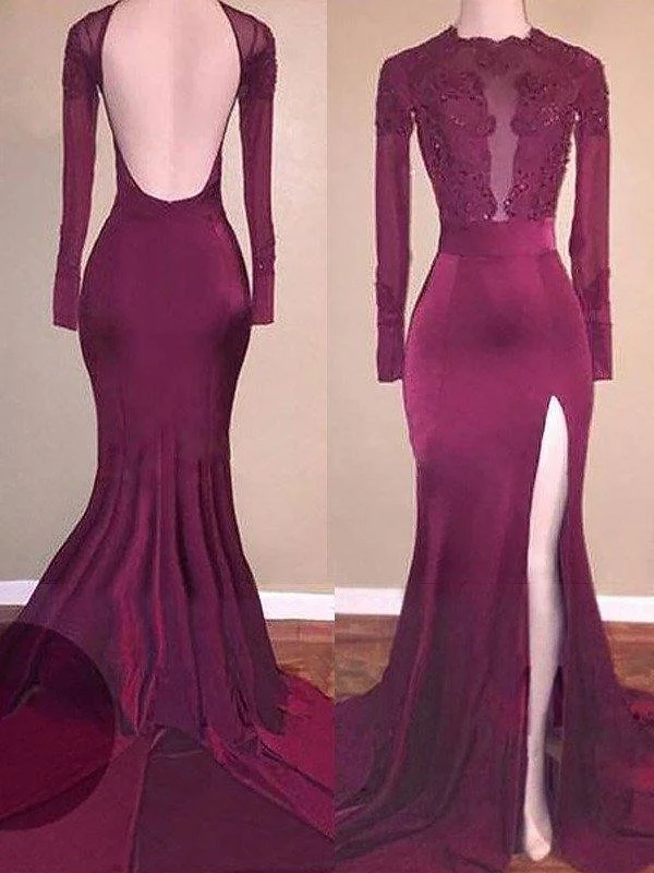 Trumpet/Mermaid Scoop Satin Long Sleeves Applique Sweep/Brush Train Dresses Off-the-shoulder Chic Trendy