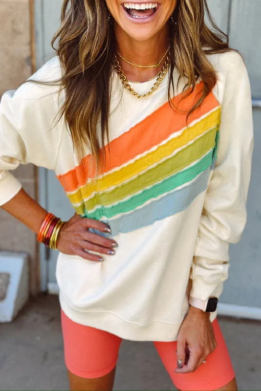 Apricot Rainbow Colorblock Striped Pullover Sweatshirt Hoodie with Drop Shoulder Relaxed Streetwear