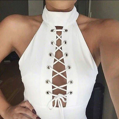 Fashion Women String O-Neck Drawstring Crop Tops Lace Up Sleeveless Blouse Zippered Front Buttoned Front Snap Front