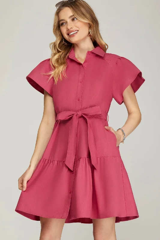 Flutter Sleeve Button Down Woven Dress Tunics Sophisticated sleek