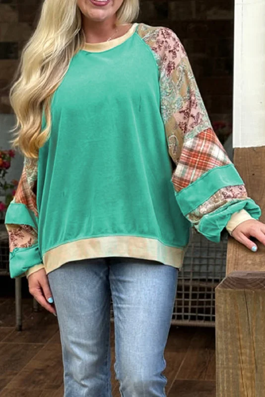 Sky Blue Plus Size Plaid Floral Patchwork Raglan Sleeve Sweatshirt Hoodie with Hem Lace Feminine Delicate