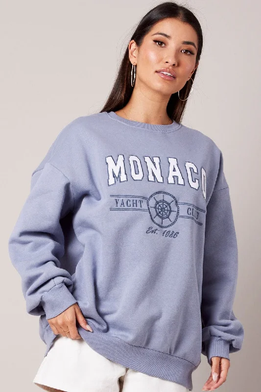 Blue Graphic Sweater Long Sleeve Terry Blend Velvet Blend Canvas Blend
