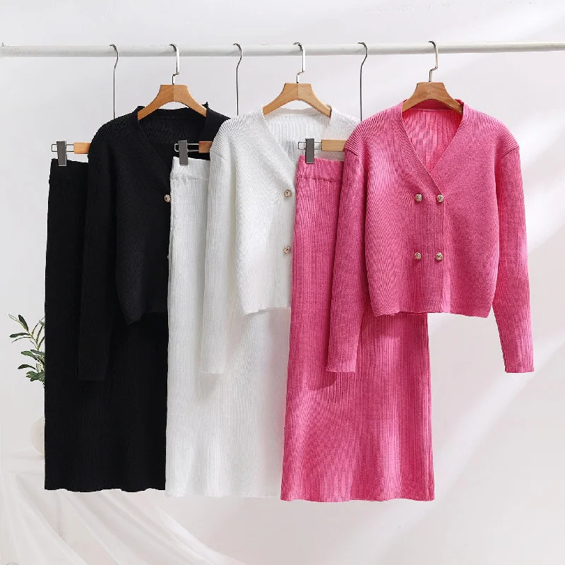 Knitted Long Sleeve Sweater Women's Skirt Houndstooth Herringbone Solid