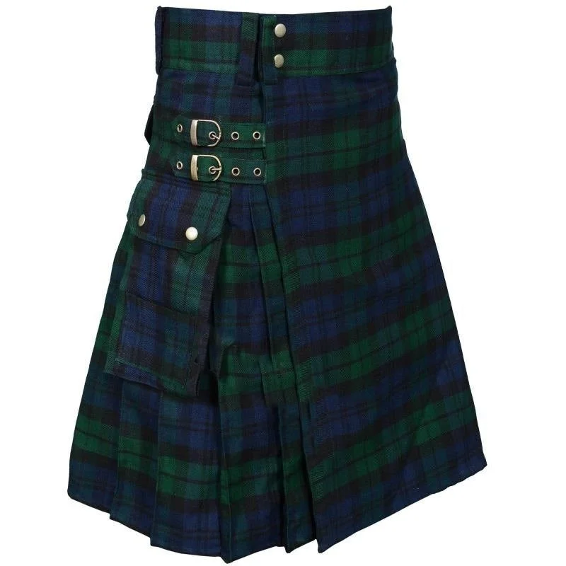 Men's Plaid Contrast Color Pocket Pleated Skirt wool skirt warm