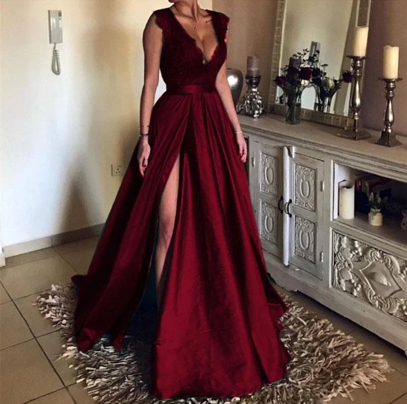 Modest Lace Cap Sleeves V-neck Long Leg Split Satin Prom Dresses 2019 Tunics Top rated