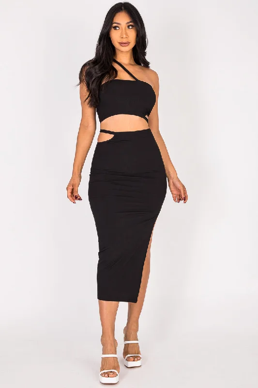 Midi Skirt Set with Cross Strap Cutout Top leather skirt sleek