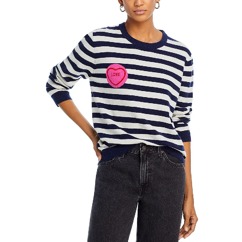 Womens Wool Blend Striped Crewneck Sweater Seamless Knitted Crochet