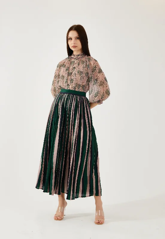 Green, peach and black stripe crinkled skirt linen skirt light
