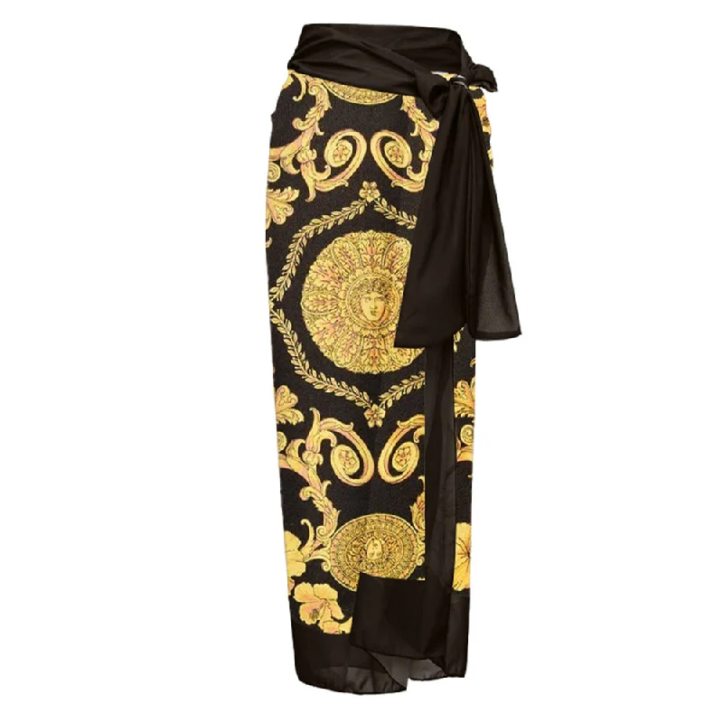 Sexy Black & Gold Italian Print Sarong Skirt Coverup velvet skirt plush