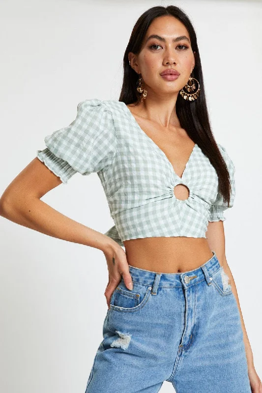 Check Crop Top Short Sleeve Square Neck Collared Crop Top Boat Neck A-Line